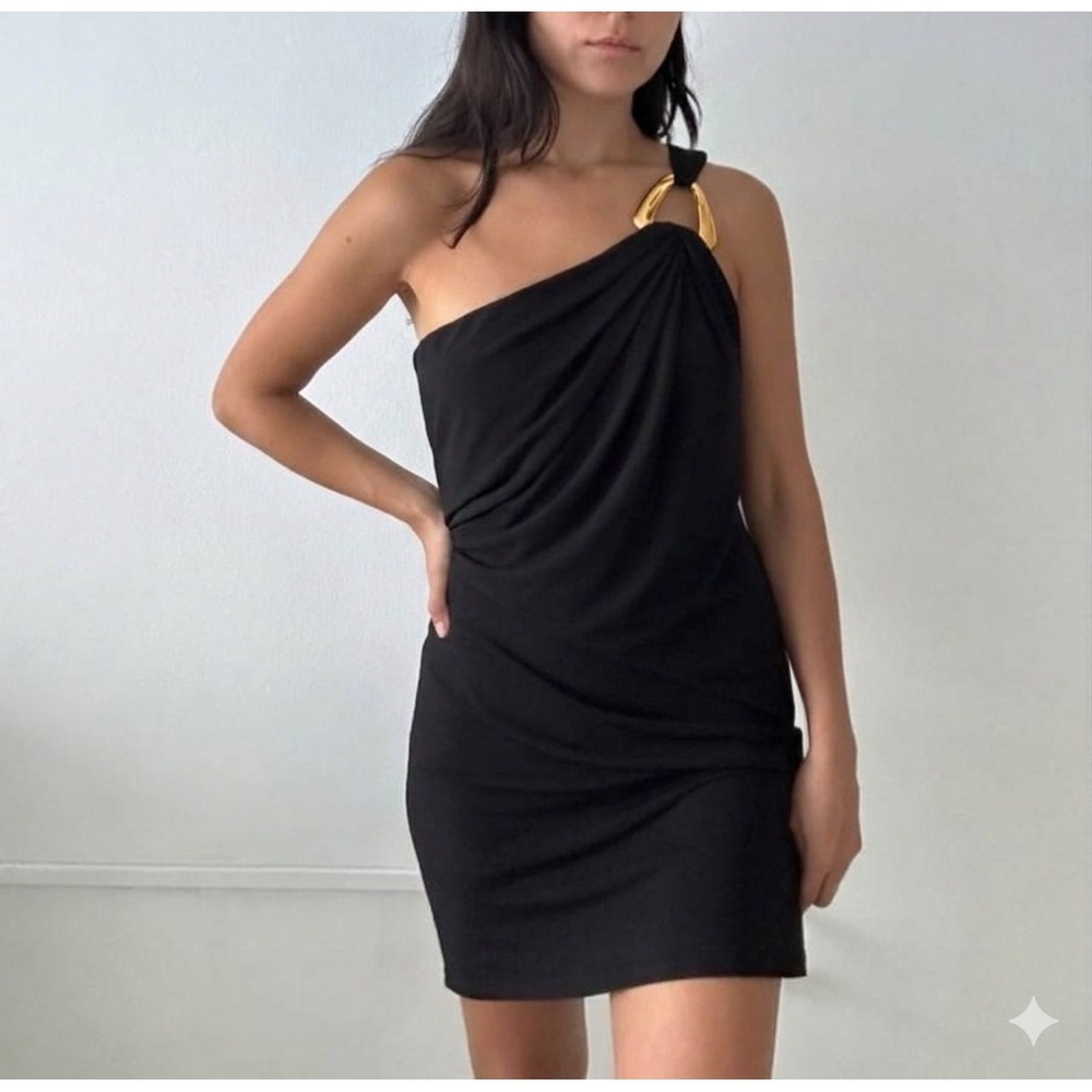 Michael Kors Black One Shoulder Draped Mini Dress Gold Hardware Ring Detail M